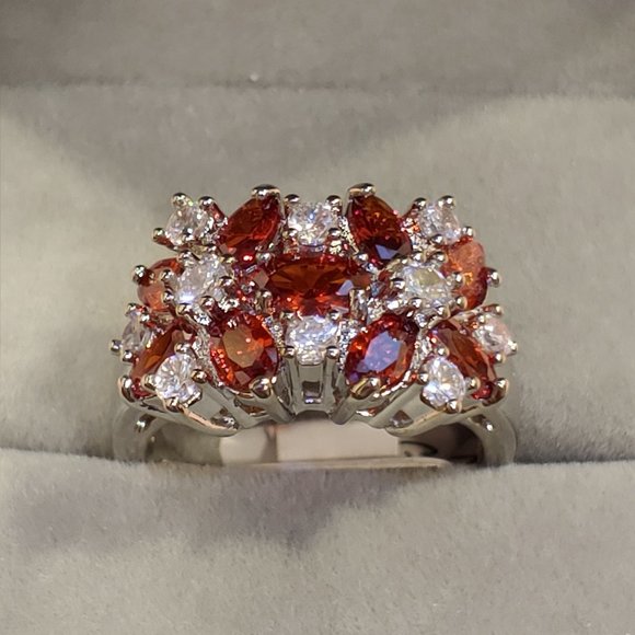 Garnet & White Sapphire Flowers Cocktail Ring - Picture 4 of 16